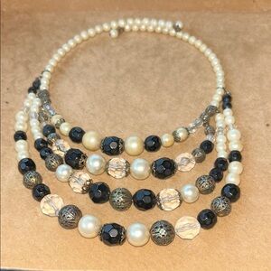 Elegant Multi-Strand Pearl and Black Bead Necklace